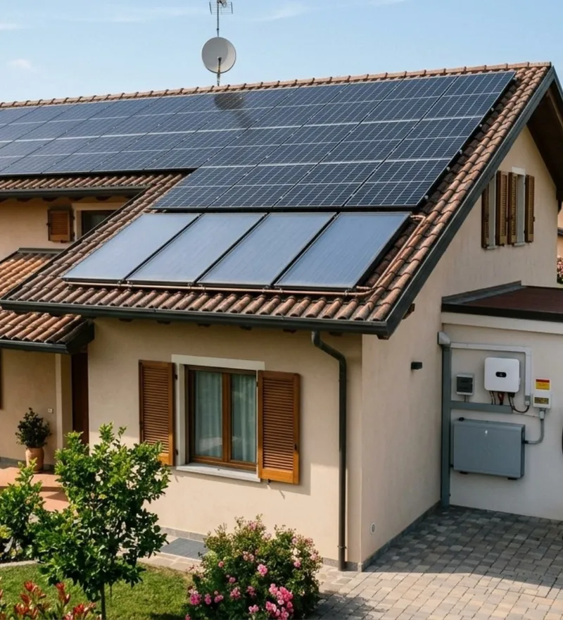 Render illustrativo di una villa con impianto fotovoltaico, pannelli solari e colonnina di ricarica